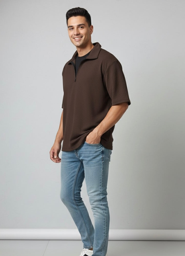 Oversized Half-Zip High Neck Top – Chocolate Brown (Exclusive)