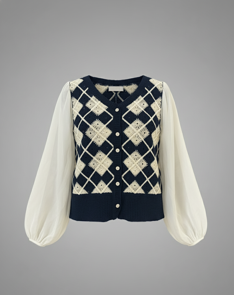 Vintage Knitted Argyle Vest Top with Sheer Puff Sleeves (exclusive piece)