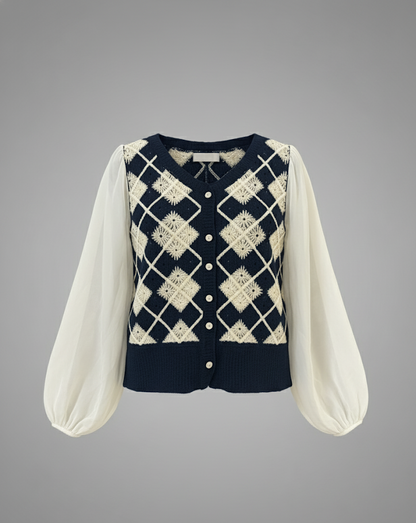 Vintage Knitted Argyle Vest Top with Sheer Puff Sleeves (exclusive piece)