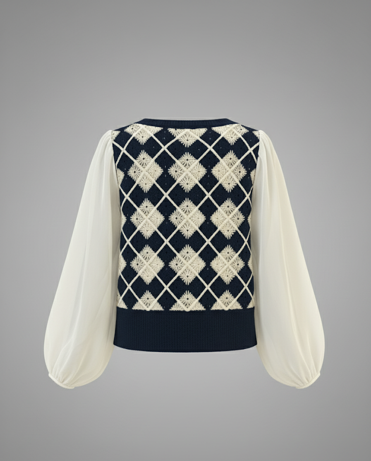 Vintage Knitted Argyle Vest Top with Sheer Puff Sleeves (exclusive piece)