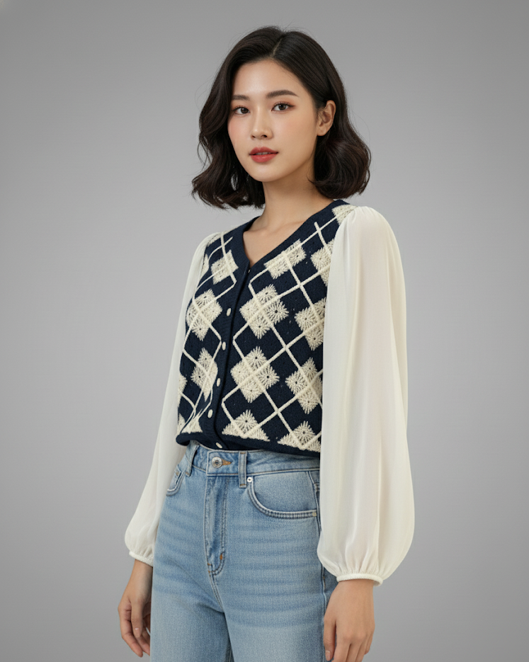 Vintage Knitted Argyle Vest Top with Sheer Puff Sleeves (exclusive piece)