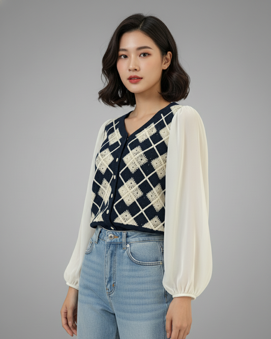 Vintage Knitted Argyle Vest Top with Sheer Puff Sleeves (exclusive piece)