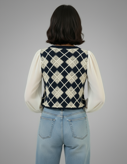 Vintage Knitted Argyle Vest Top with Sheer Puff Sleeves (exclusive piece)