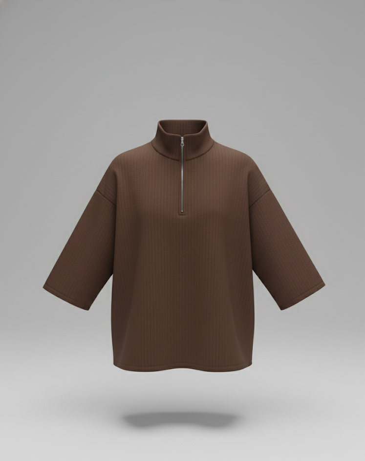 Oversized Half-Zip High Neck Top – Chocolate Brown (Exclusive)