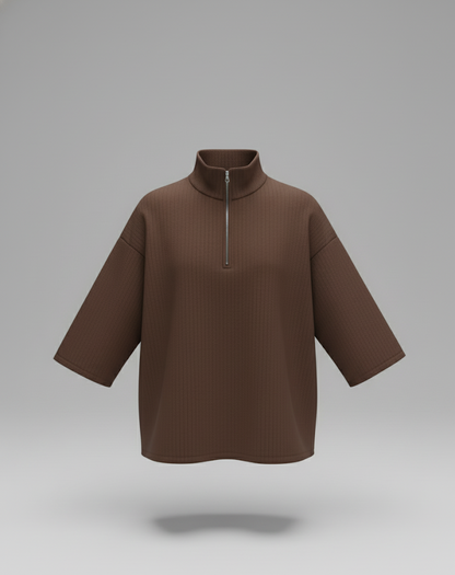 Oversized Half-Zip High Neck Top – Chocolate Brown (Exclusive)