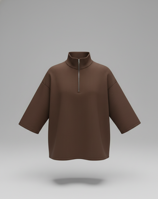 Oversized Half-Zip High Neck Top – Chocolate Brown (Exclusive)