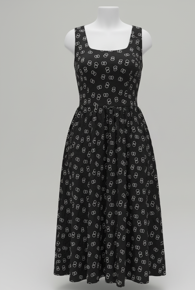 Women’s Black Sleeveless Midi Dress – Elegant Printed Fit & Flare