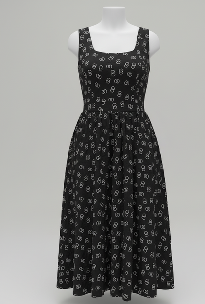 Women’s Black Sleeveless Midi Dress – Elegant Printed Fit & Flare