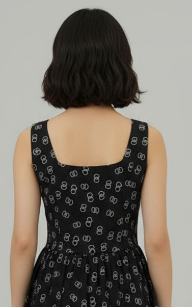 Women’s Black Sleeveless Midi Dress – Elegant Printed Fit & Flare