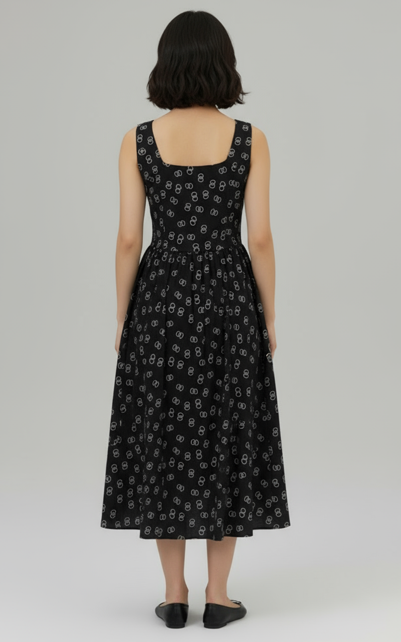 Women’s Black Sleeveless Midi Dress – Elegant Printed Fit & Flare