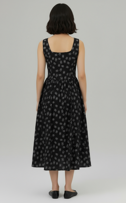 Women’s Black Sleeveless Midi Dress – Elegant Printed Fit & Flare