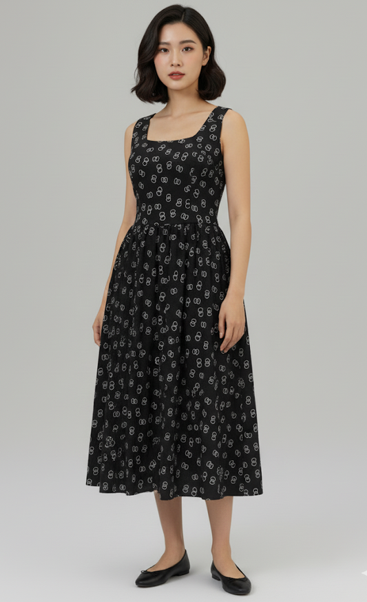 Women’s Black Sleeveless Midi Dress – Elegant Printed Fit & Flare