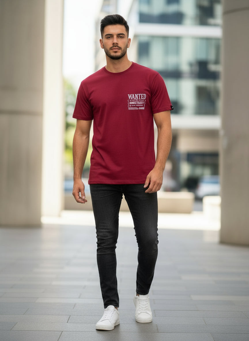 Men’s Maroon “WANTED” Graphic Casual Cotton T-Shirt
