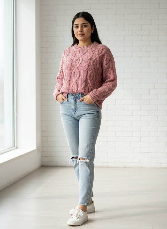 Cozy Cable Knit Woolen Sweater – Blush Pink