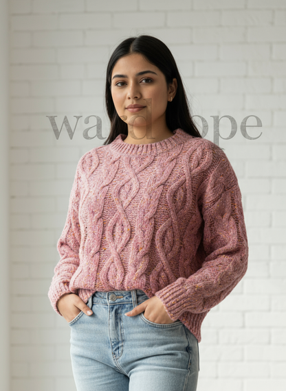Cozy Cable Knit Woolen Sweater – Blush Pink